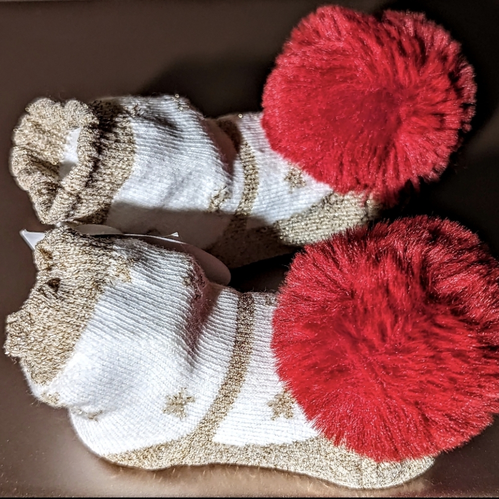 MUD PIE Red Pom Pom Rattle Toe Cutie Baby Booties Socks Shower Gift
